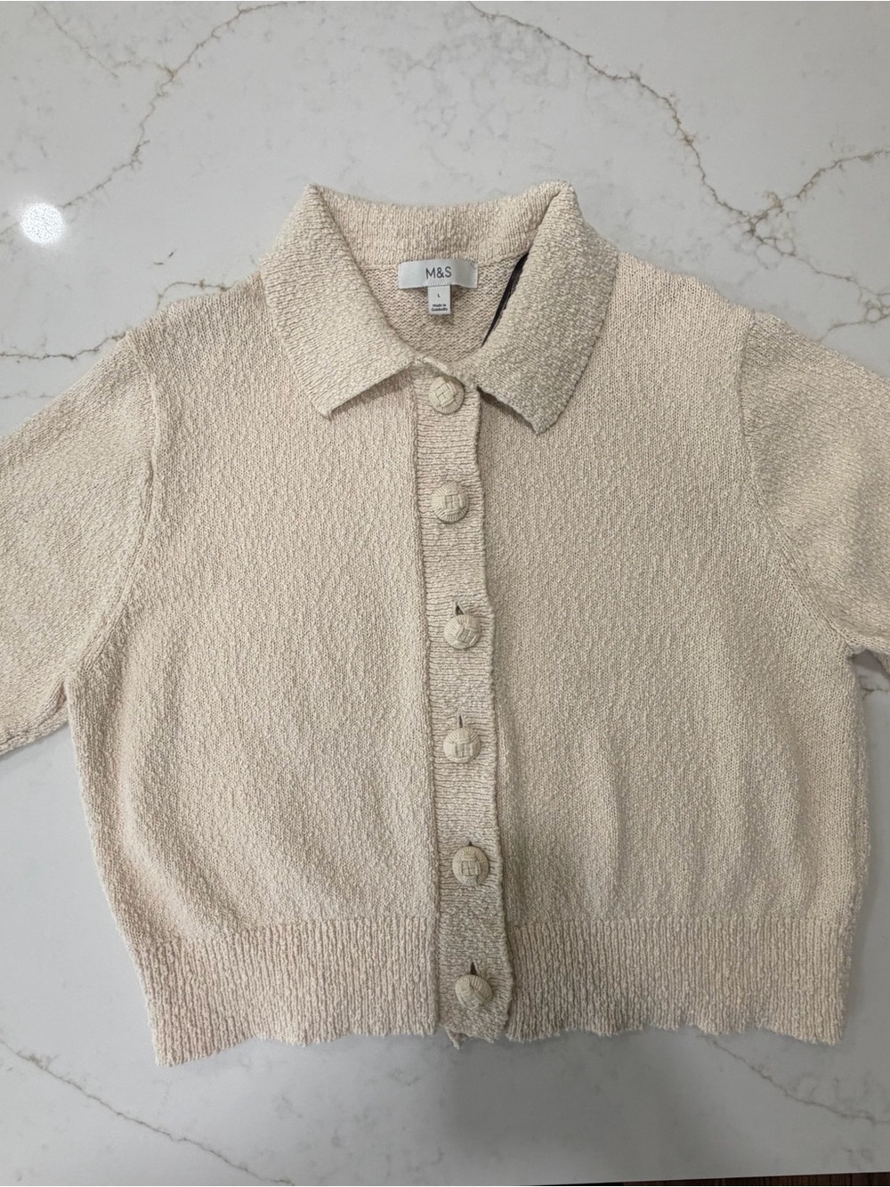 Marks & Spencer Cream Textured Knit Polo Cardigan Sweater Size L